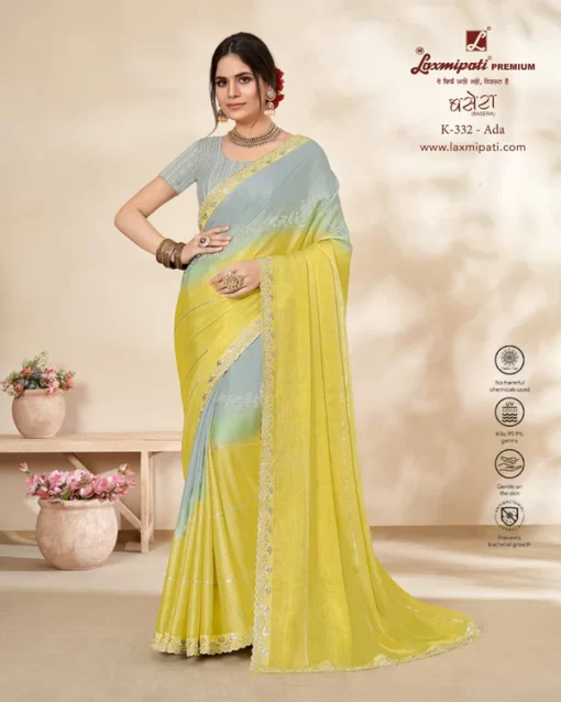 Laxmipati Basera K-332 Yellow Sparkle Chiffon Saree