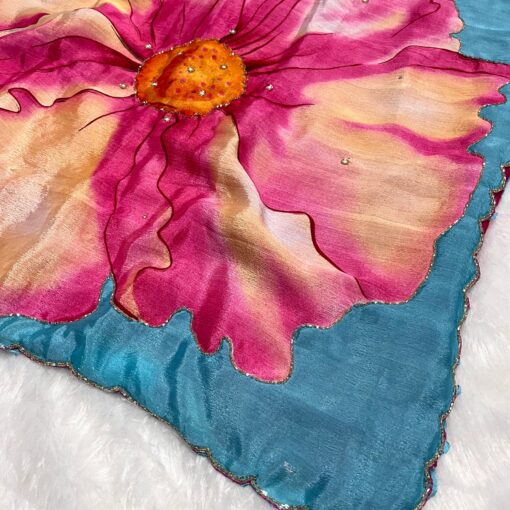 Tarahood Chinon Floral Print Saree With Hand Work - Image 6