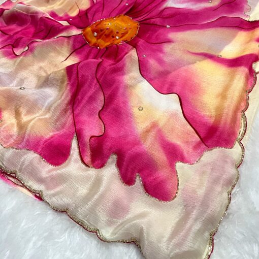 Tarahood Chinon Floral Print Saree With Hand Work