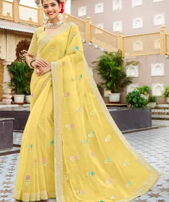 Laxmipati Malmal N-2218 Organza Lemon Yellow Saree
