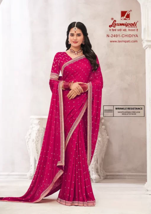 Laxmipati Chameli N-2491 Pink Metallic Chiffon Saree
