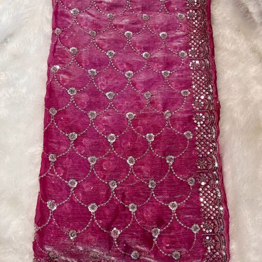 Tarahood Crimson Crepe Tissue Embroidery Saree